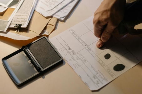 A hand presses a fingerprint onto an official form on a desk, with an ink pad and stacks of paperwork nearby.